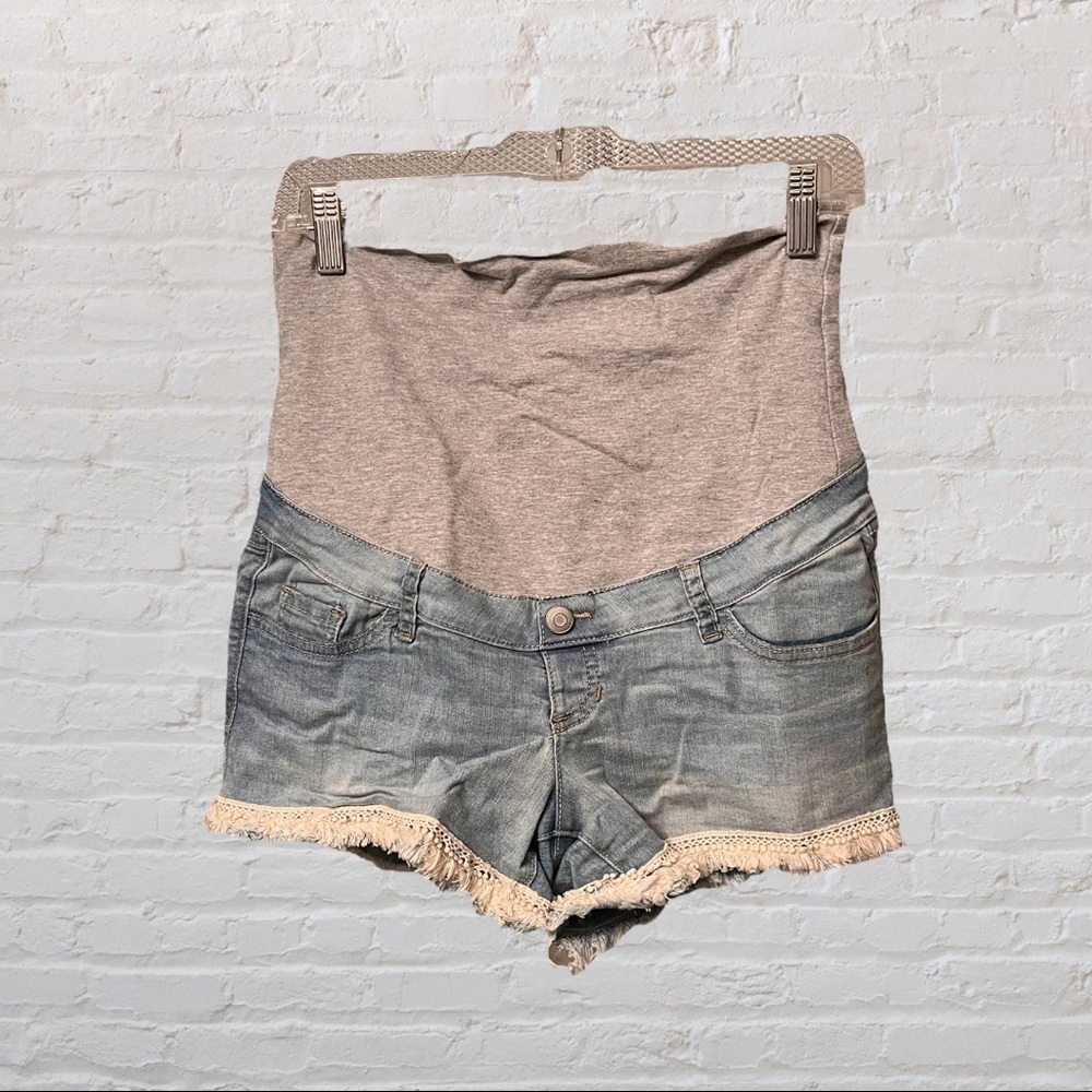 Thyme Maternity Jean Shorts With Macrame Edge​​